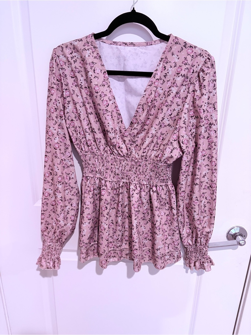 Smocked Waist Pink Floral V-Neck Blouse